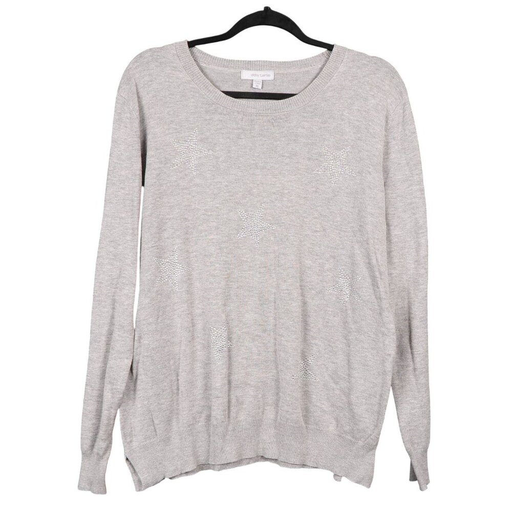 Daisy Fuentes Star Gray Knit Sweater XL Womens Rhinestone Long Sleeve Crewneck